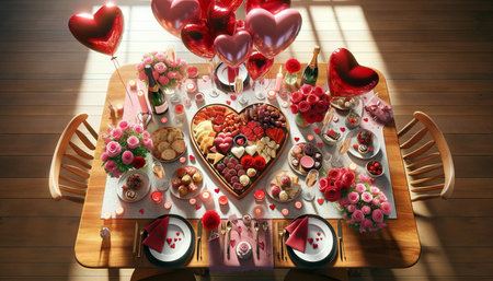 An outdoor table is lovingly arranged with heart-shaped balloons, a bouquet of flowers, candles, and a selection of sweets, creating the perfect romantic Valentineâs Day dinner ambiance.の素材