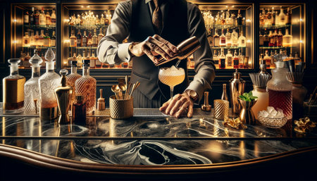 The bartender stands behind a trio of ornately garnished craft cocktails, each exuding its own character in an elegantly designed glass, ready to serve at a warmly lit upscale bar.の素材