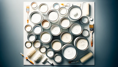 An organized display of numerous paint cans in varying shades and sizes is accompanied by brushes and a color swatch, symbolizing the planning phase of home decoration.の素材