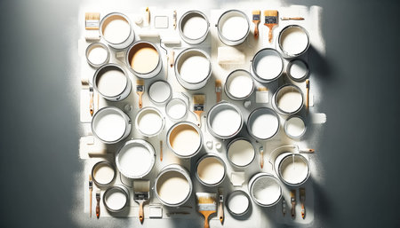 An organized display of numerous paint cans in varying shades and sizes is accompanied by brushes and a color swatch, symbolizing the planning phase of home decoration.の素材