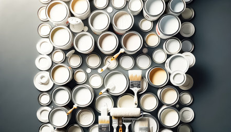 An organized display of numerous paint cans in varying shades and sizes is accompanied by brushes and a color swatch, symbolizing the planning phase of home decoration.の素材