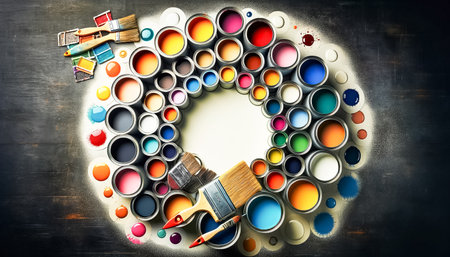 Circle of open paint cans in every color of the rainbow encircles a duo of paintbrushes, ready to bring life to any canvas or wall with vibrant hues.の素材