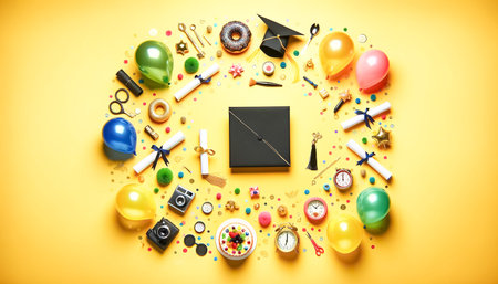 Surrounded by colorful balloons, gifts, and party favors, a bright yellow background frames a...
