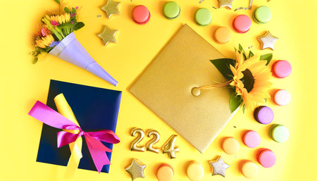 Surrounded by colorful balloons, gifts, and party favors, a bright yellow background frames a...