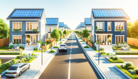 The dawnâs early light washes over a modern suburban street, where every home boasts a vibrant array of solar panels, symbolizing a commitment to sustainable energy within the community.の素材