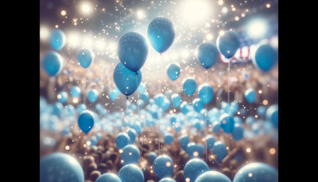 Balloons in hues of blue ascend before the American flag as fireworks illuminate the scene, reflecting the Democratic Partyâs joyous celebration of electoral victory.の素材