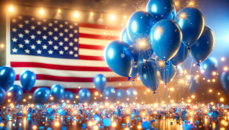 Balloons in hues of blue ascend before the American flag as fireworks illuminate the scene, reflecting the Democratic Partyâs joyous celebration of electoral victory.の素材