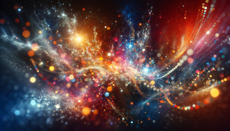This captivating image encapsulates the vibrant dance of stardust and cosmic lights, swirling in a...
