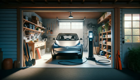 An electric vehicle recharges at a sleek charging station, its cable connected securely to the port, symbolizing the cutting edge of automotive technology and sustainable transportation.の素材