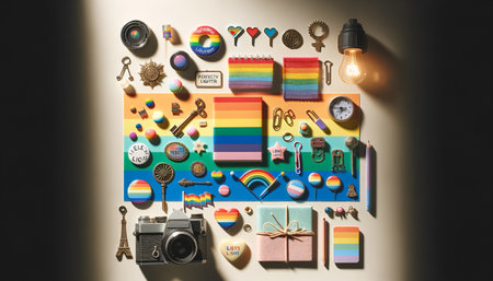 A neatly organized creative workspace showcases a classic camera, LGBTQ pride symbols, and art supplies, symbolizing the intersection of artistry and pride.の素材