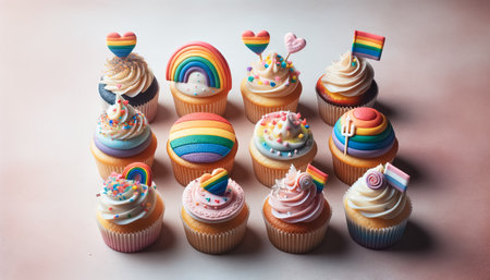 These cupcakes are a festive homage to LGBTQ pride, adorned with rainbow colors and playful decorations that embody a joyful celebration of love and equality.の素材