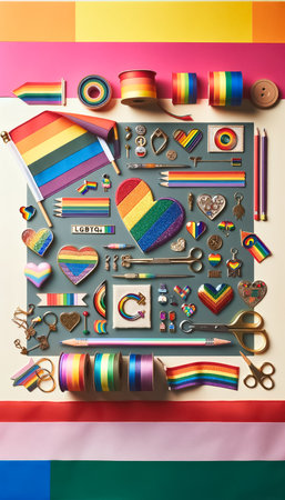 A neatly organized creative workspace showcases a classic camera, LGBTQ pride symbols, and art supplies, symbolizing the intersection of artistry and pride.の素材