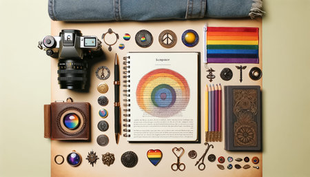 A neatly organized creative workspace showcases a classic camera, LGBTQ pride symbols, and art supplies, symbolizing the intersection of artistry and pride.の素材