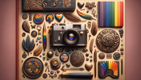 A neatly organized creative workspace showcases a classic camera, LGBTQ pride symbols, and art supplies, symbolizing the intersection of artistry and pride.の素材