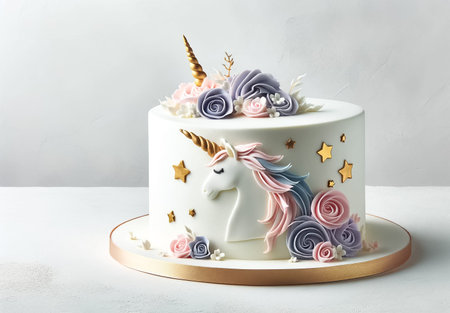 This charming pink unicorn cake, complete with a pastel rainbow, delicate flowers, and a golden...