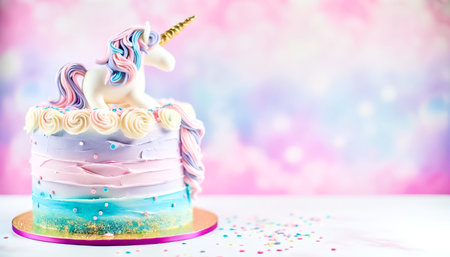 This charming pink unicorn cake, complete with a pastel rainbow, delicate flowers, and a golden horn, is the centerpiece of any magical celebration or birthday party.の写真素材