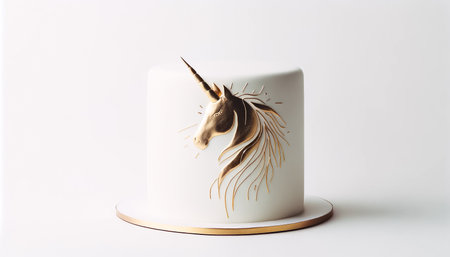 This sophisticated white cake features a stunning golden unicorn silhouette, exuding a touch of elegance and fantasy for special occasions.の写真素材