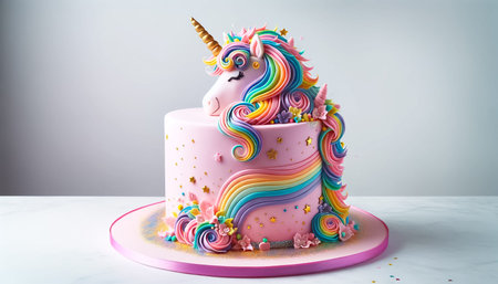 This charming pink unicorn cake, complete with a pastel rainbow, delicate flowers, and a golden horn, is the centerpiece of any magical celebration or birthday party.の写真素材