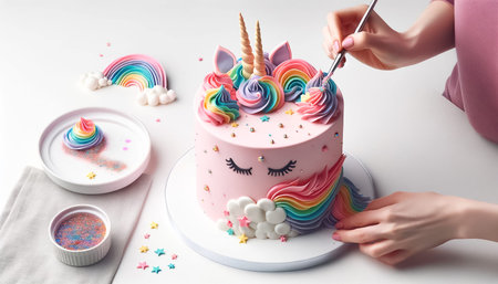 This charming pink unicorn cake, complete with a pastel rainbow, delicate flowers, and a golden horn, is the centerpiece of any magical celebration or birthday party.の写真素材