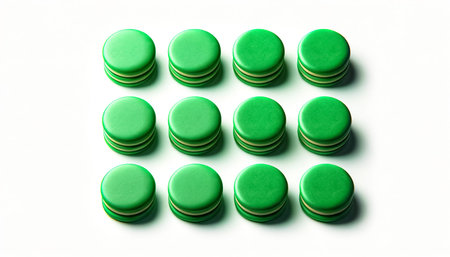 Collection of vibrant green macarons, meticulously aligned in rows, casting subtle shadows on a...