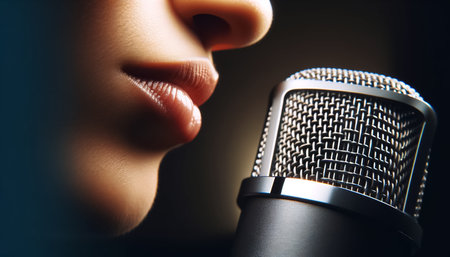 essence of podcasting with a close-up on a podcasterâs lips speaking into a studio microphone, showcasing the intimacy and focus of audio storytelling.の素材