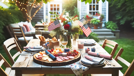 An enchanting summer evening gathering around a wooden charcuterie board, brimming with colorful fruits, cheeses, and deli meats, nestled on a star-spangled tablecloth under a canopy of festive decorations and sunlit trees.の素材