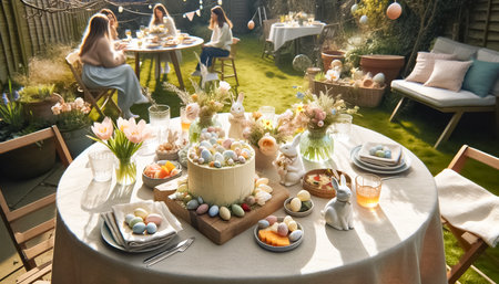 The sunlit garden buzzes with guests gathered around a festive Easter table adorned with a whimsical cake, colorful eggs, and spring florals.の素材