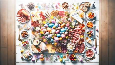 This vibrant Easter spread boasts a colorful charcuterie board filled with assorted meats, cheeses, and fresh springtime garnishes. In the background, decorative eggs and themed accents add to the holiday cheer.の素材