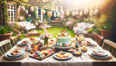 The sunlit garden buzzes with guests gathered around a festive Easter table adorned with a whimsical cake, colorful eggs, and spring florals.の素材