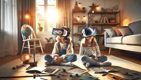 golden hues of a cozy study room, two sisters, equipped with virtual reality headsets, experience the wonders of the cosmos, turning a simple study session into an educational adventure among the stars.の素材