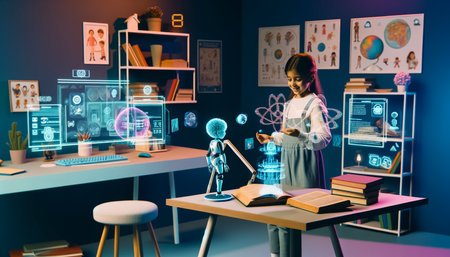 With wide eyes reflecting a futuristic interface, a young girl explores the realms of knowledge through an AI-powered online schooling platform, illustrating the cutting-edge fusion of education and technology.の素材