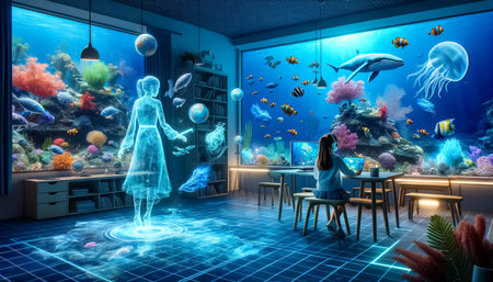 In this vibrant depiction, young girl engages with her virtual tutor in a mesmerizing underwater-themed holographic classroom, surrounded by a lush coral reef and vivid marine life.の素材
