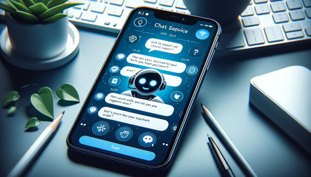 the interaction between a user and a sophisticated AI chat interface providing technical support, featuring futuristic cybernetic visuals and an immersive digital communication platform.の素材