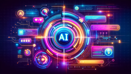 The intricate neon display illuminates the complexity and connectivity of artificial intelligence, with a central AI figure surrounded by dynamic data and global networks, emphasizing the boundless capabilities of machine learning.の素材