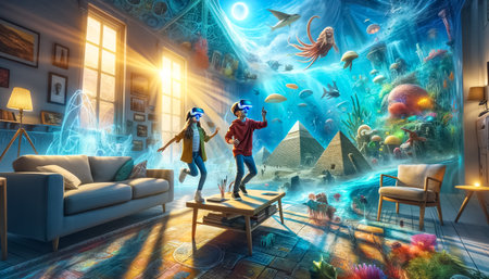 A brother and sister embark on an educational odyssey, exploring ancient Egypt and a vibrant underwater world from their living room, thanks to the magic of virtual reality. Sunlight streams through the window, highlighting their awe and excitement as they interact with history and marine biology through their VR headsets.の素材
