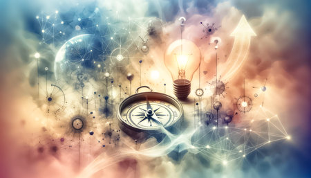 The digital realm comes alive in this image, where social media icons whirl amidst clouds and light streams, evoking the constant motion and connectivity of online networks.の素材