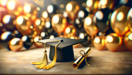Graduation caps soar through a sparkling golden ambiance, signifying academic triumph and joyous new beginnings. Confetti sprinkles the air, and balloons glow, creating a festive backdrop for the culmination of hard work and dedication.の素材