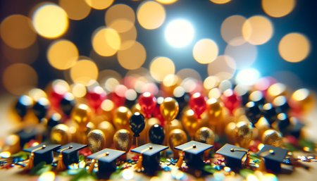 Graduation caps soar through a sparkling golden ambiance, signifying academic triumph and joyous new beginnings. Confetti sprinkles the air, and balloons glow, creating a festive backdrop for the culmination of hard work and dedication.の素材