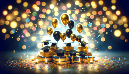Graduation caps soar through a sparkling golden ambiance, signifying academic triumph and joyous new beginnings. Confetti sprinkles the air, and balloons glow, creating a festive backdrop for the culmination of hard work and dedication.の素材