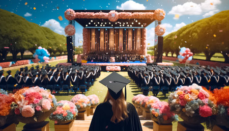 As the sun dips low, a line of graduates stand in anticipation, marking the end of a scholarly journey and the start of professional aspirations.の素材