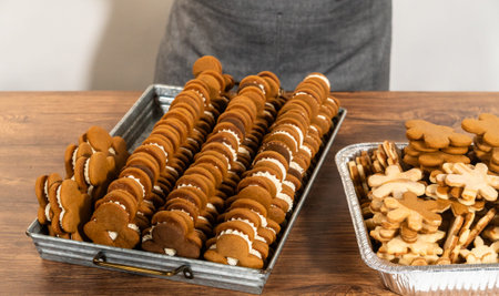 Crafting gingerbread cookie sandwiches with eggnog buttercream, presented on a rustic wooden table...