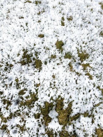 An image showing the remnants of a spring snowstorm on a suburban landscape, where melting snow meets the contrasting textures of gravel and green grass.の写真素材