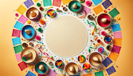 This image features a festive Cinco de Mayo flat lay arrangement with a large central area reserved for copy. Bright festive elements like vivid papel picado, colorful ribbons, and miniature sombreros are strategically positioned around the perimeter. These elements frame a clean, empty space on a light background, perfect for incorporating text or other content while maintaining a festive and engaging visual theme.の素材