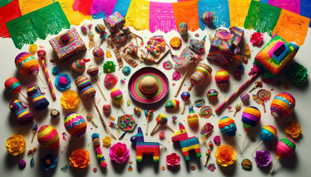 This image features an intricately arranged flat lay for Cinco de Mayo, filled with cultural artifacts but no food. It includes brightly colored papel picado, woven bracelets, small clay pots, and painted maracas, set against a traditional Mexican sarape. Festive hats and handcrafted textiles are scattered throughout, encapsulating the holidayâs lively and rich cultural essence.の素材