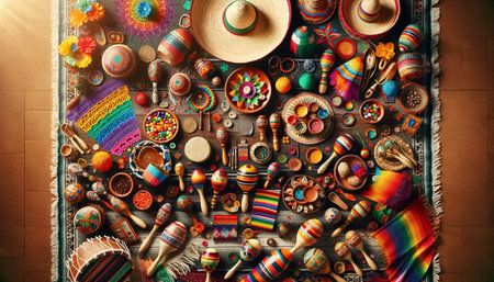 This image features an intricately arranged flat lay for Cinco de Mayo, filled with cultural artifacts but no food. It includes brightly colored papel picado, woven bracelets, small clay pots, and painted maracas, set against a traditional Mexican sarape. Festive hats and handcrafted textiles are scattered throughout, encapsulating the holidayâs lively and rich cultural essence.の素材