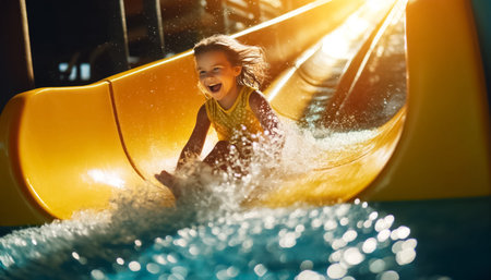 This close-up photograph captures the beaming joy of a little girl sliding down a yellow water slide under bright daylight. Her face, lit by natural sunlight, radiates excitement amidst the splashes of water.の素材