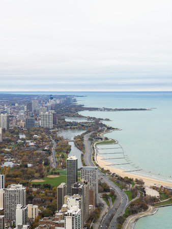 Chicago, Illinois, USA-november 7, 2023-A breathtaking winter panorama of downtown Chicago as seen from the 360 Observation Deck.のeditorial素材