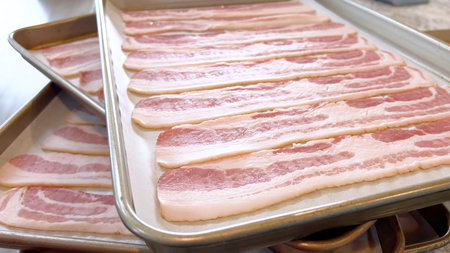 Neatly arranged raw bacon strips on a baking tray, prepared for cooking, capturing the fresh,...