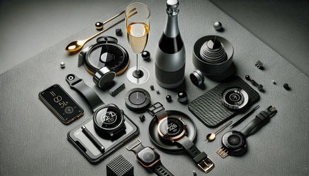 Modern New Yearâs celebration flat lay with a tech twist, featuring smartwatches, smartphones, and a sleek champagne bottle among minimalistic black and silver decor, with a futuristic digital clock and geometric plates on a gray fabric background.の素材