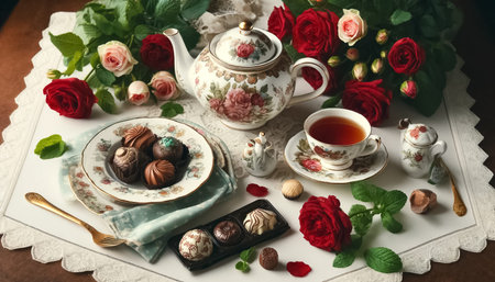This Mother Day flat lay showcases a luxurious afternoon tea arrangement with vintage-inspired tea cups, a floral teapot, artisan chocolates, vibrant red roses, and fresh mint on a white lace tablecloth.の素材
